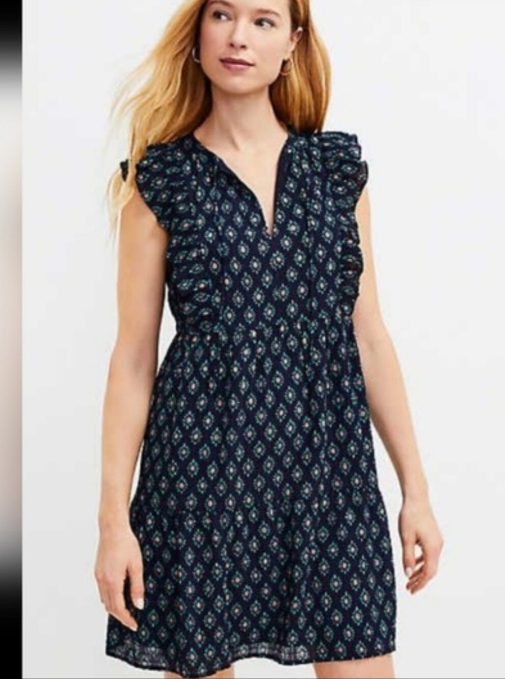 Woven Print Ruffle Sleeve Dress - Navy
